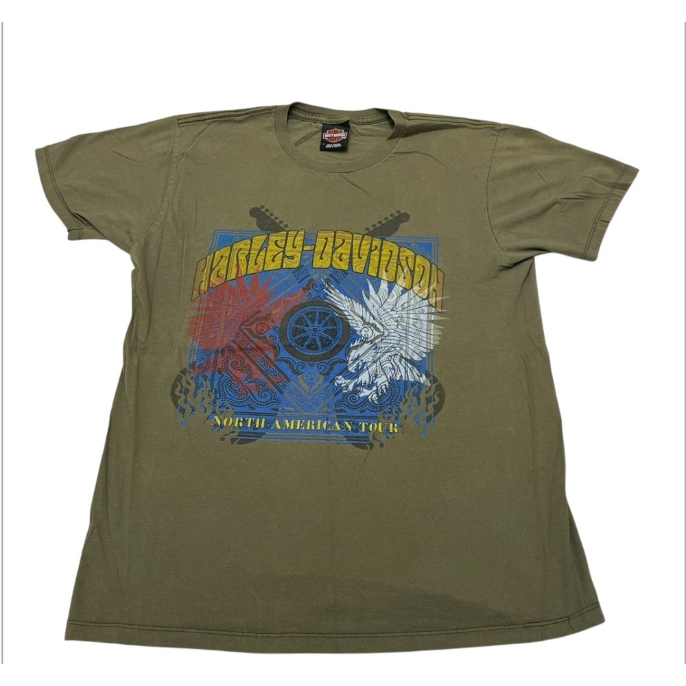 Harley Davidson North American Tour Olive Graphic Shirt Men Medium Milwaukee USA